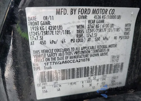 2012 Ford F-250 Xlt из США, поврежденный, VIN 1FT7W2A60CEA21076